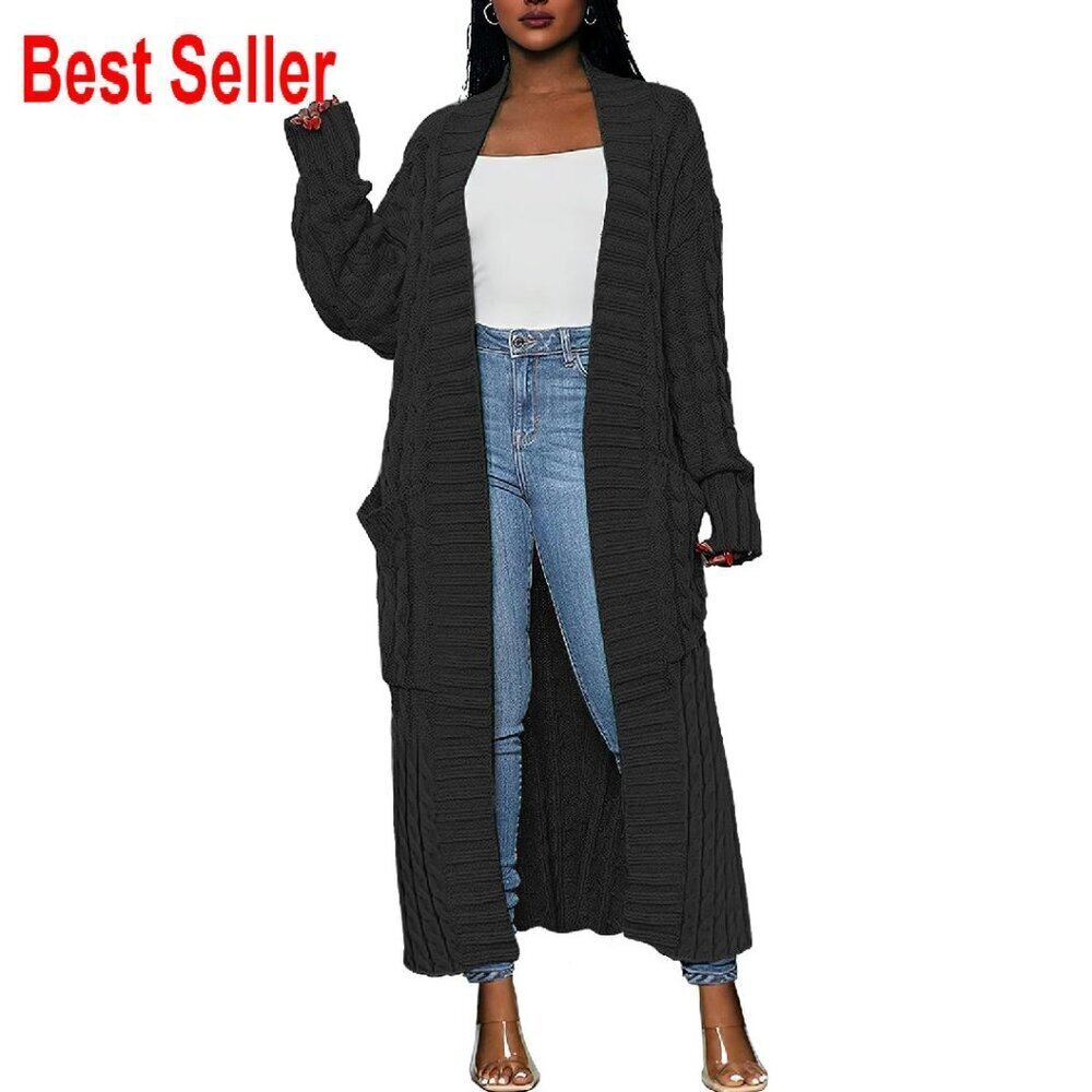 Oversized Cable Knit Maxi Cardigan Chunky Knit Open Front Cozy Outerwear